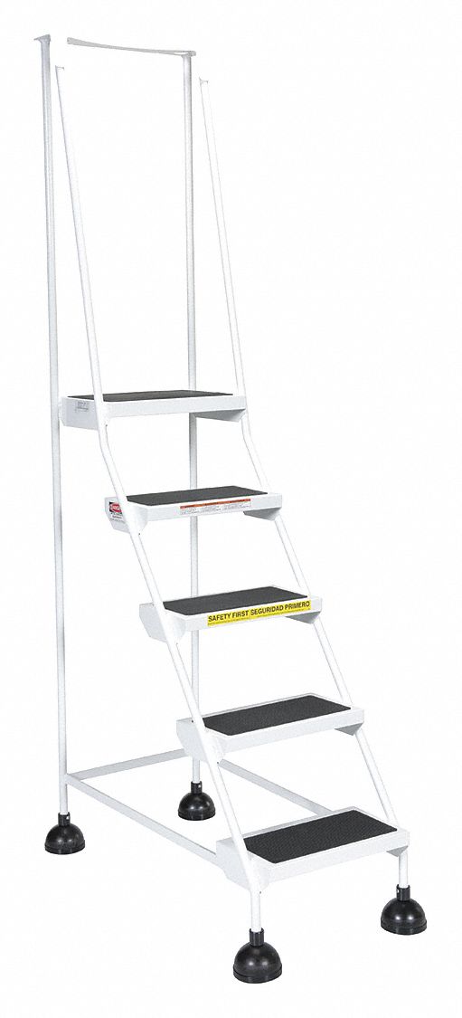 LADDER, 5-STEP/RAIL/58 ° /MAT/CASTERS/OSHA 1910.29/ANSI A14.7, 21 1/8X82 7/16X38 1/16IN, WHITE, STEEL