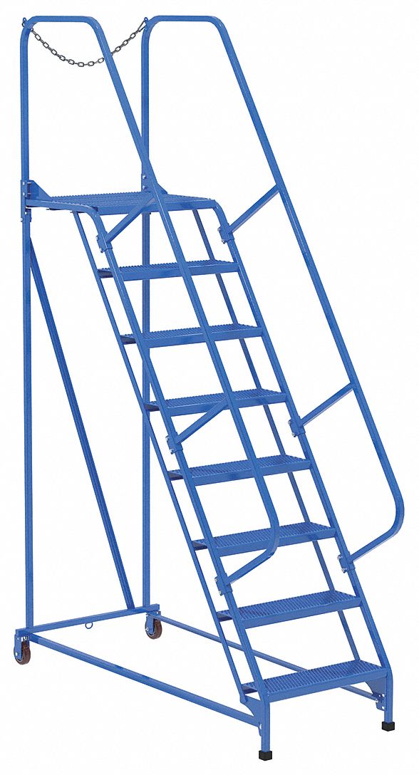 ÉCHELLE,INC/ROULEMENT/8 MARCHES/PGN OUV/58 ° /RAIL/GARANTIE,29 1/2 X 110 X 68 5/8 PO,BL,AC