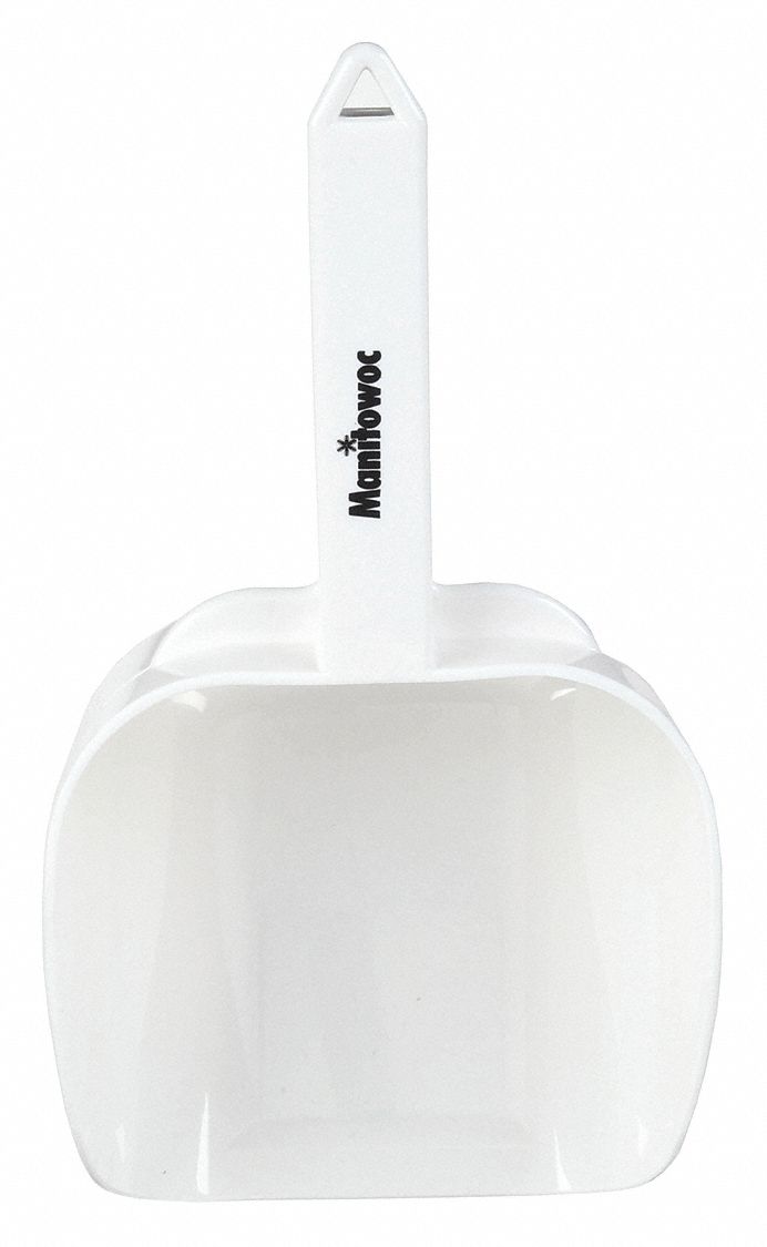 Ice Scoop: White, Plastic, 5 1/2 in Wd, Dishwasher Safe, NSF, 32 oz Capacity - Min