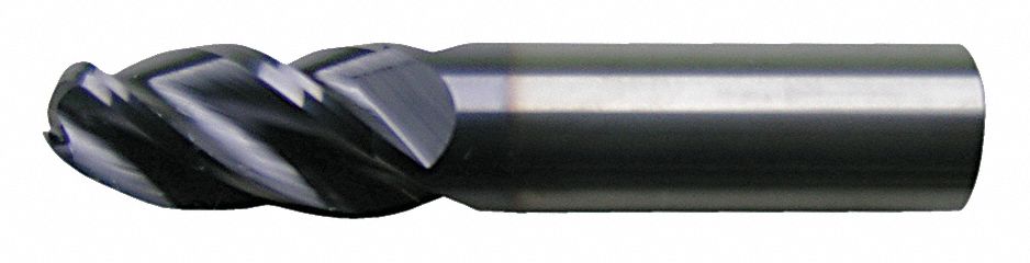 BALL END MILL, 4 FLUTES, 0.25 IN MILLING DIAMETER, ¾ IN CUT, 2.5 IN L, CARBIDE, BRIGHT