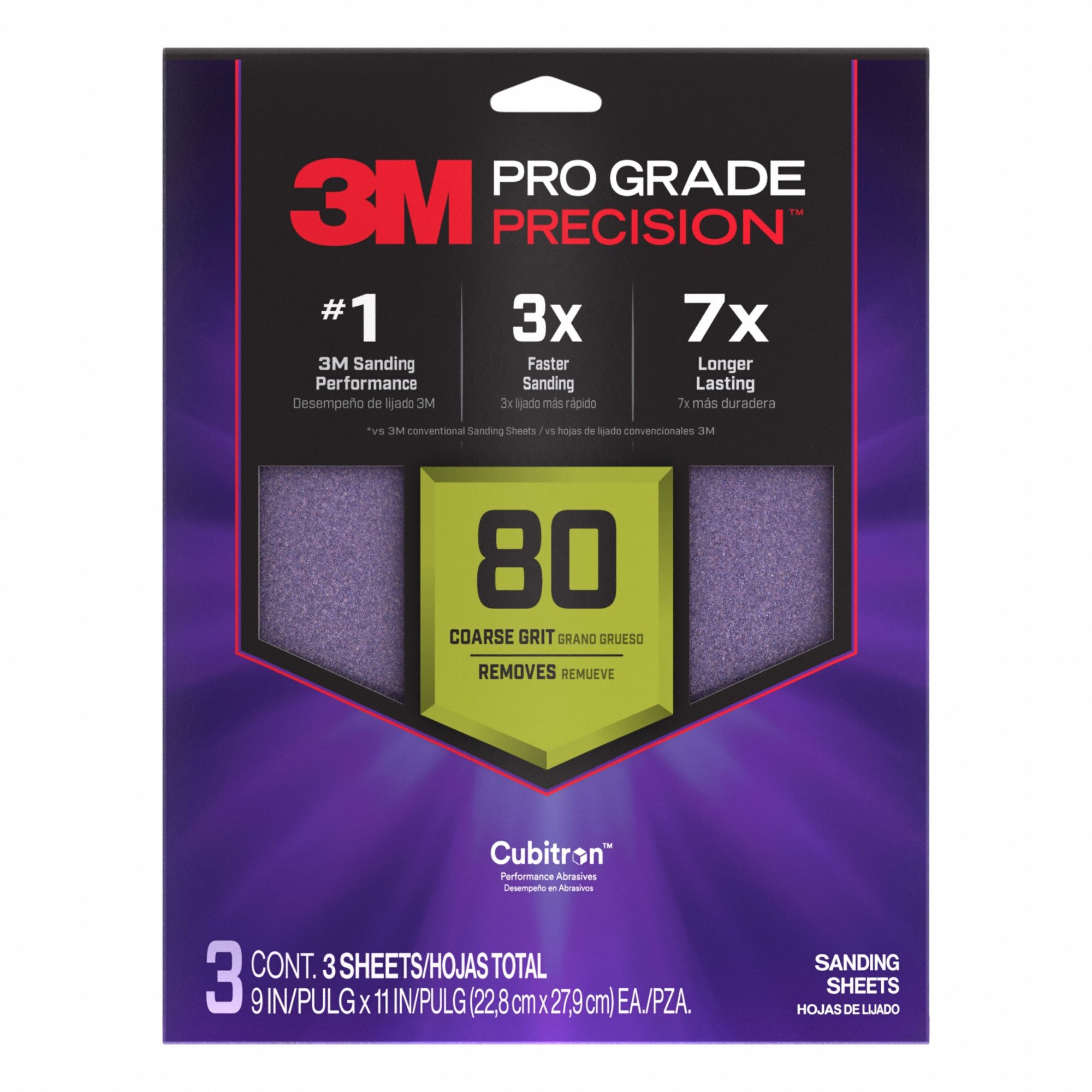 Sanding Sheet: 9 in W x 11 in L, Ceramic, 80 Grit, Pro Grade Precision, 3 PK