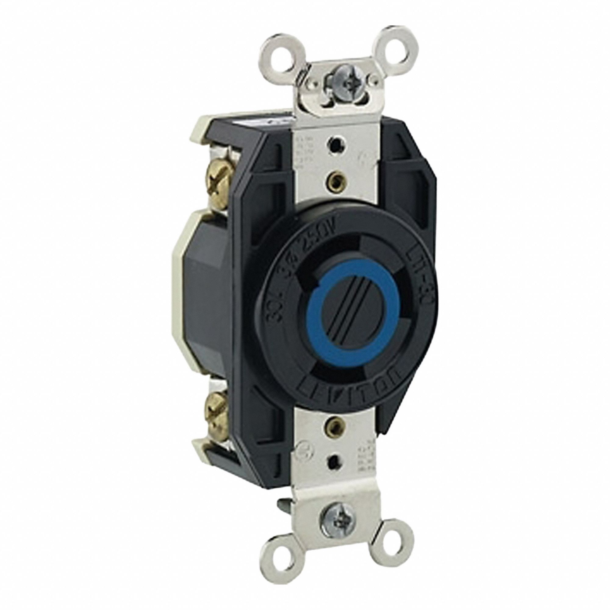 Flush Mounting Lock Receptacle: L11-30R, 30 A, 250V AC, Black, 3 Poles, Shrouded