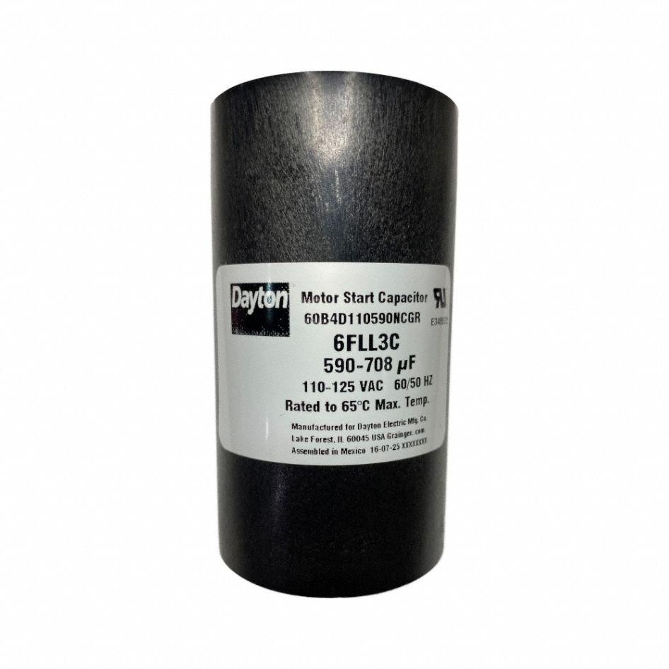 Motor Start Capacitor: Round, 3 3/8 in Case Ht, 1 13/16 in Dia, 110-125V AC, 590-708 MFD