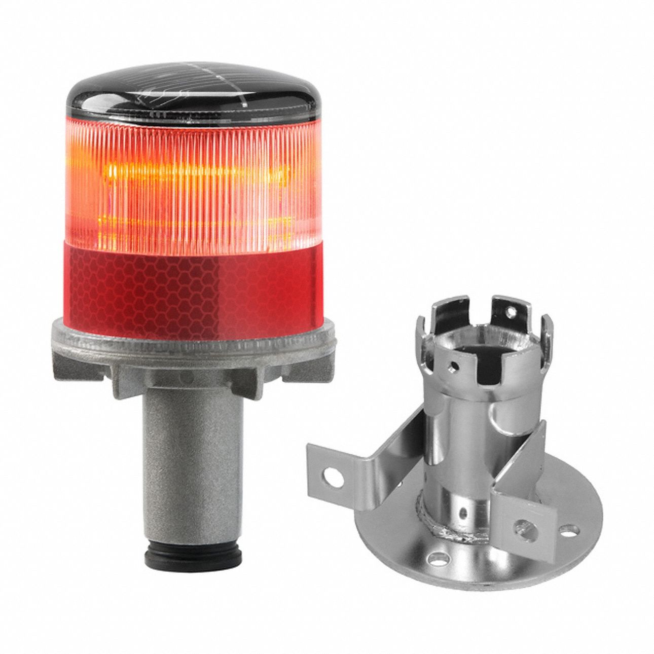 WARNING LIGHT, SOLAR, 60 FLASHES PER MINUTE, 3¾ IN OVERALL DIAMETER, 6¼ IN OVERALL H, RED