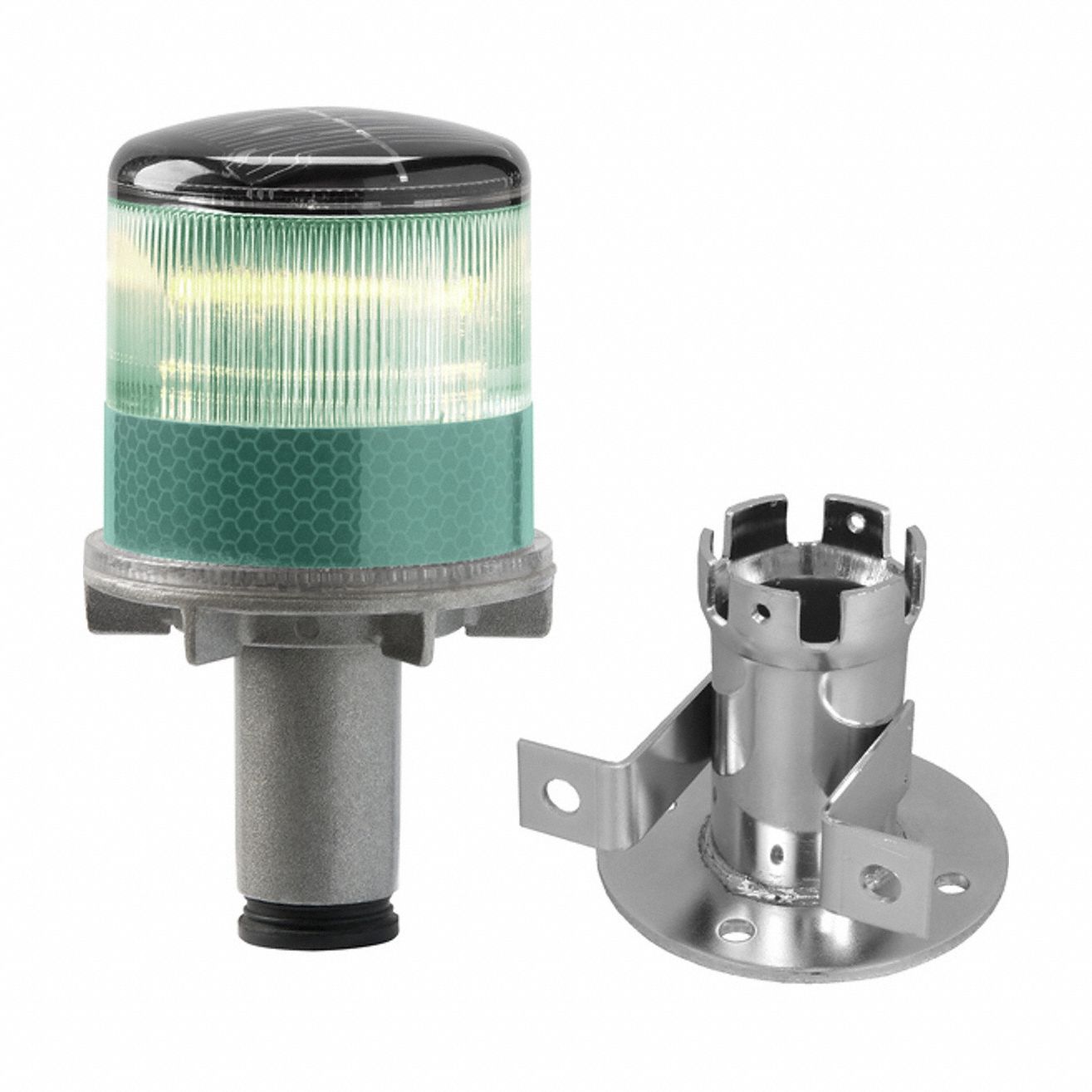 WARNING LIGHT, SOLAR, 60 FLASHES PER MINUTE, 3¾ IN OVERALL DIAMETER, 6¼ IN OVERALL H, GREEN, LED