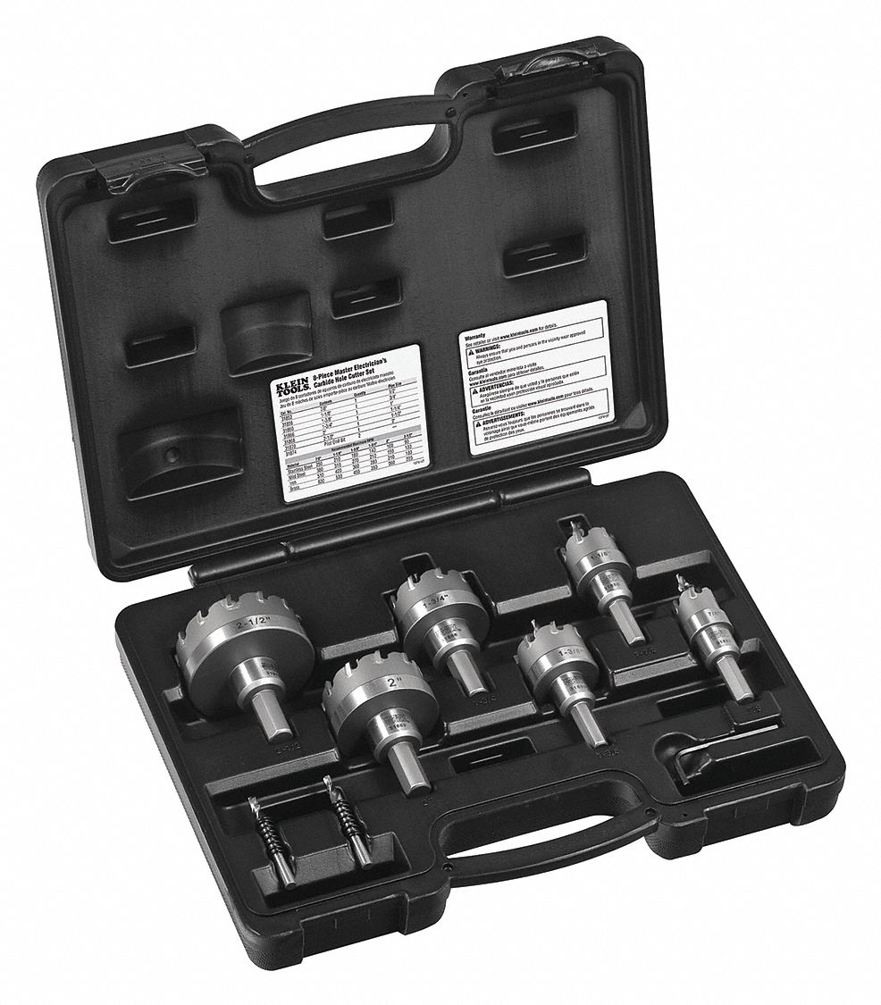 Hole Cutter Kit: 8 Pieces, 3/16 in Max. Cutting Dp, Carbide Tipped, Not Impact Rated