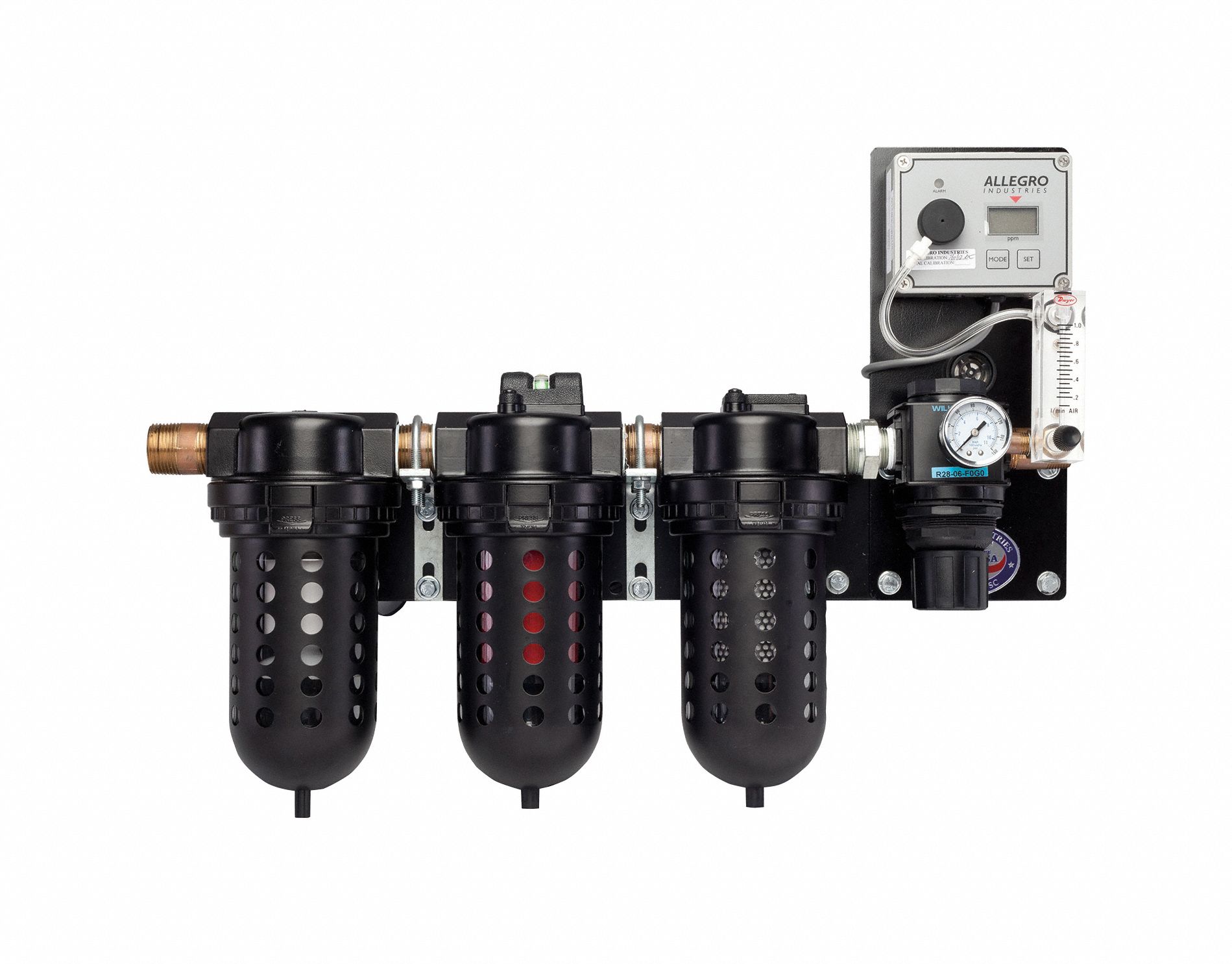 Wall-Air Inline Filtration Panel w/CO Mo: 12 Users, 125 psi Max Pressure, 150 cfm Air Flow, AC Power