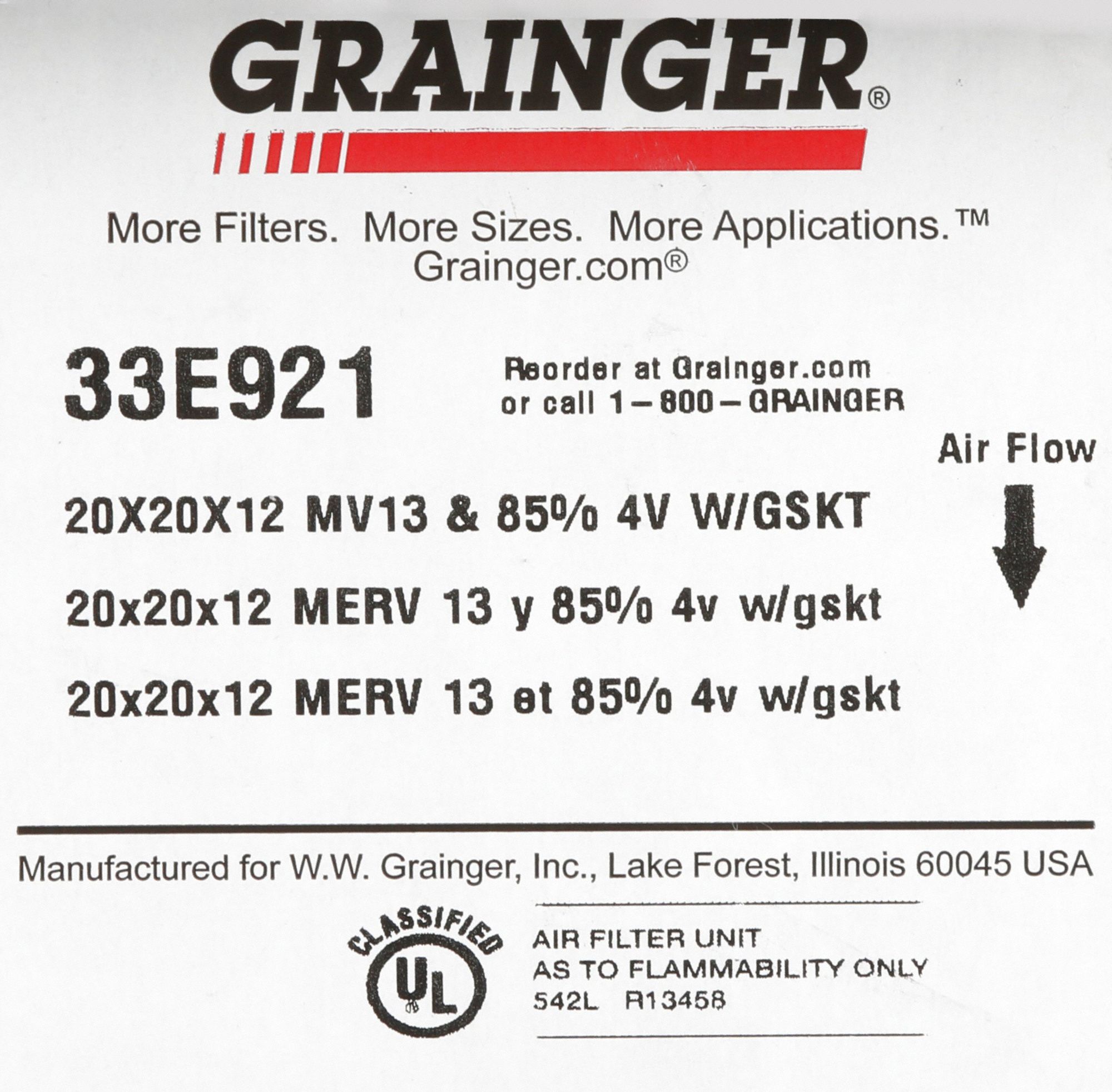 V-Bank Air Filter: 20 in x 20 in x 12 in, Fiberglass, Single Header, 3 Vs, Downstream Face