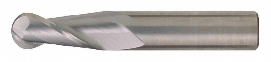 BALL END MILL, CARBIDE, TIALN FINISH, 2 FLUTES, 3/64 IN MILLING DIAMETER, ⅛ IN CUT