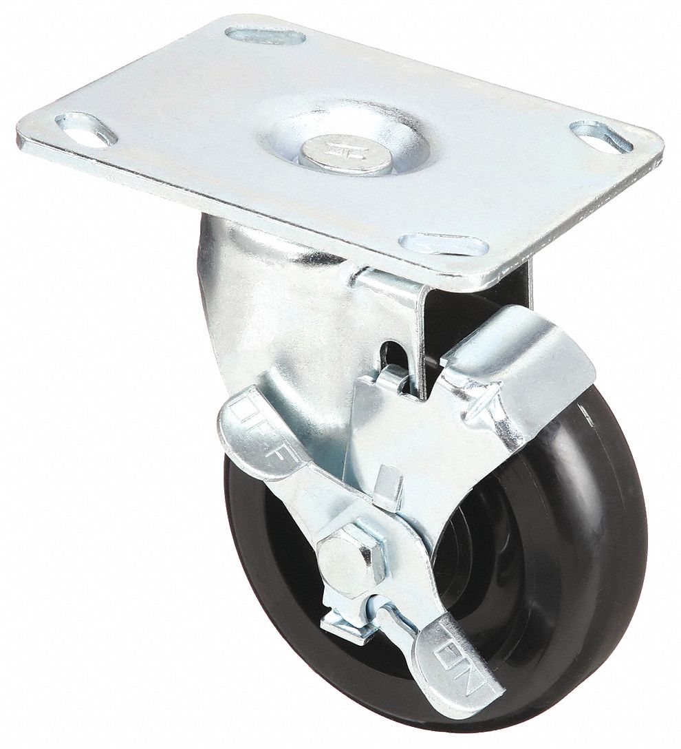 Plate Caster: Swivel, Side Brake, Polypropylene, 4 in Wheel Dia, 1 1/4 in Wheel Wd
