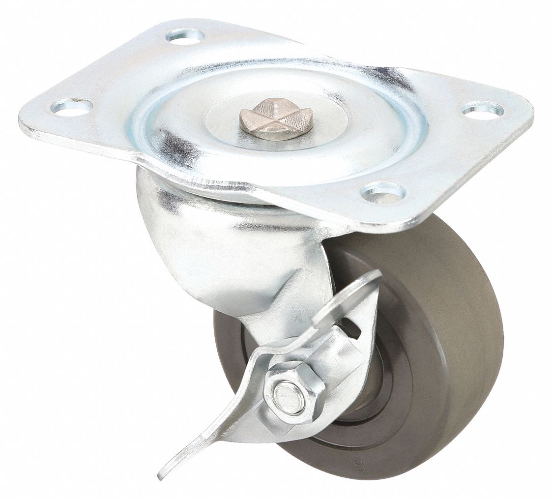 Swvl Plt Cstr w/Brk, Rubber, 2-1/2in, 200lb