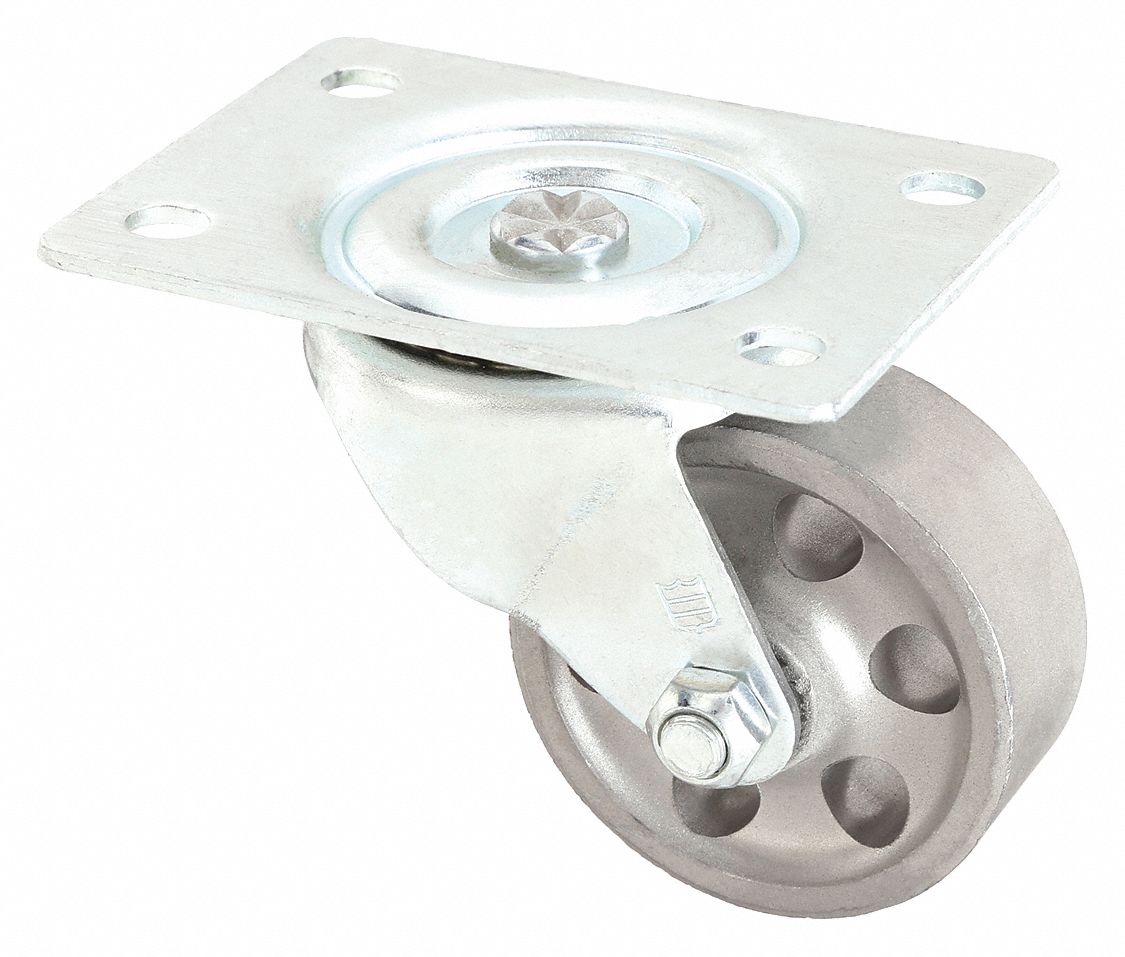 Plate Caster: Swivel, No Brake, Iron, 2 1/2 in Wheel Dia, 1 in Wheel Wd, Hole, Plain
