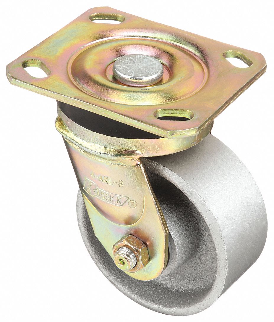 Plate Caster: Swivel, No Brake, Iron, 4 in Wheel Dia, 2 in Wheel Wd, Roller, Swivel