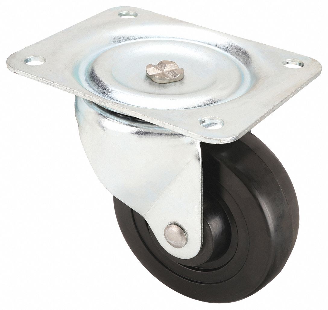 Plate Caster: Swivel, No Brake, Rubber, 4 in Wheel Dia, 1 5/16 in Wheel Wd, Hole