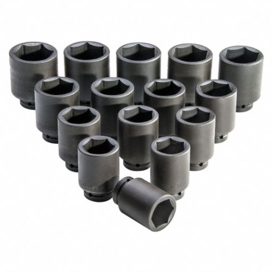 PROTO Impact Socket Set: 1 in Drive Size, 15 Pieces, 2 1/16 in to 3 in  Socket Size Range