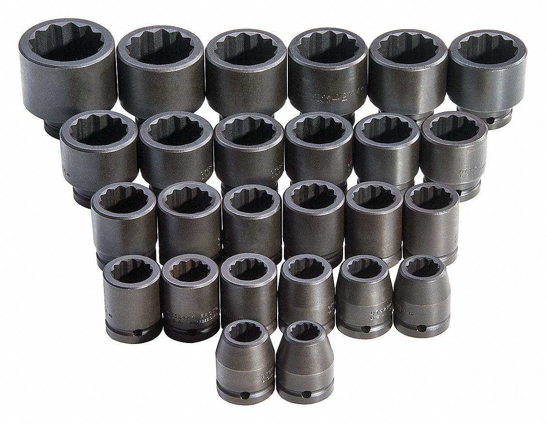 PROTO Impact Socket Set: 3/4 in Drive Size, 26 Pieces, 17 to 50 mm Socket  Size Range, (26) 12-Point