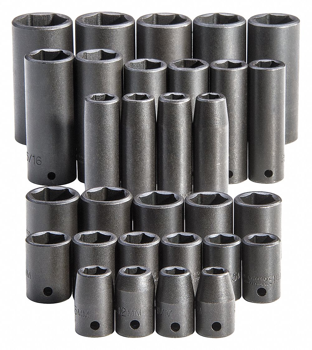 PROTO, 1/2 in Drive Size, 30 Pieces, Impact Socket Set - 33HE18