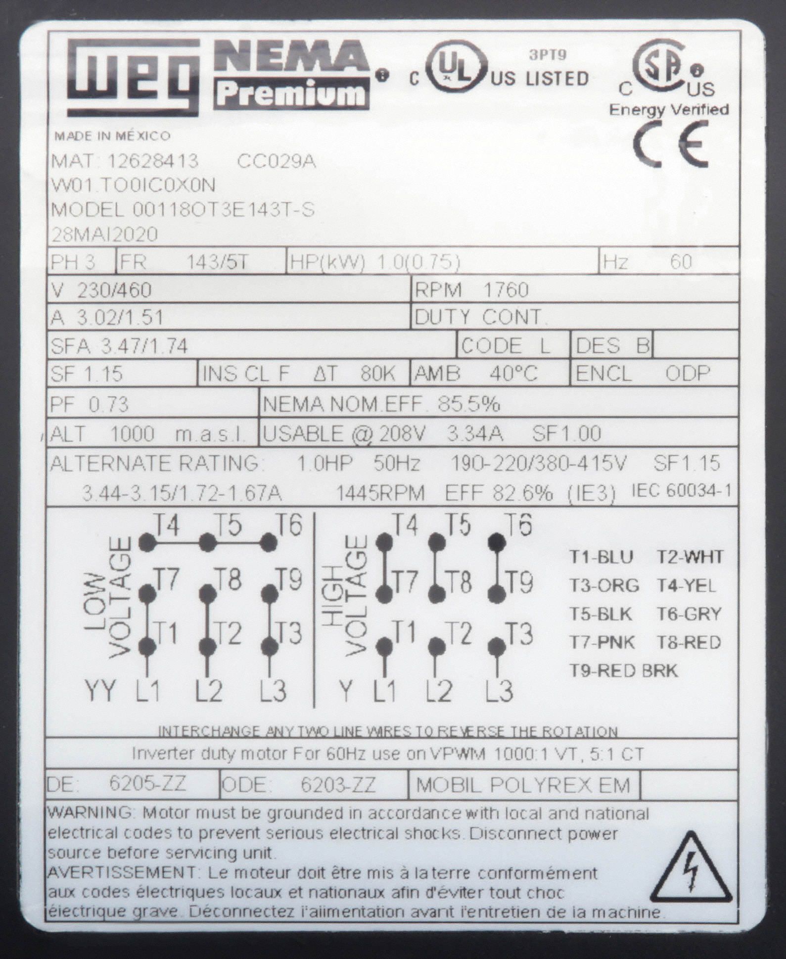 WEG General Purpose Motor, 1 HP, 3Phase, Nameplate RPM 1,760, Voltage 230/460V AC, 143/5T Frame