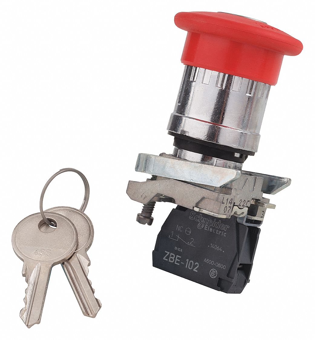 BOUTON-POUSSOIR D'ARR&Ecirc;T D'URGENCE, ACTION MAINTENUE/D&Eacute;GAGEMENT PAR CL&Eacute;, 1 NF, M&Eacute;TAL, TAILLE DE MONTAGE 22 MM, ROUGE