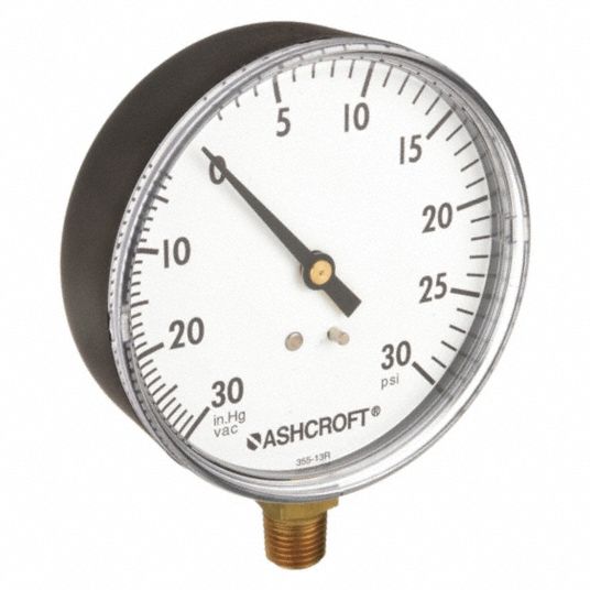 ASHCROFT Industrial Compound Gauge: Gen-Purpose Case, 30 to 0 to 30 in  Hg/psi, 3 1/2 in Dial, Bottom