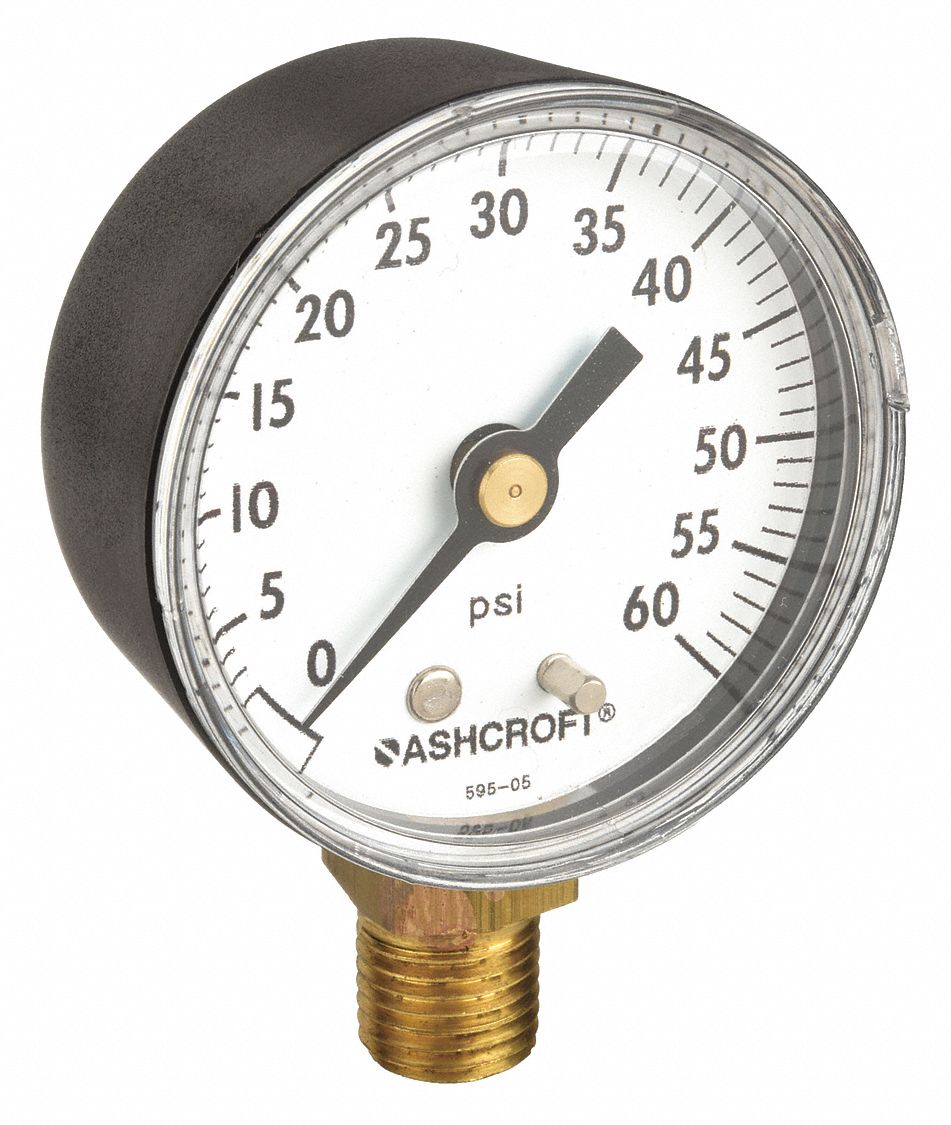 Industrial Pressure Gauge: 0 psi / Hg to 60 psi, 2 in Dial, 1/4 in NPT Male, Bottom, 1005P