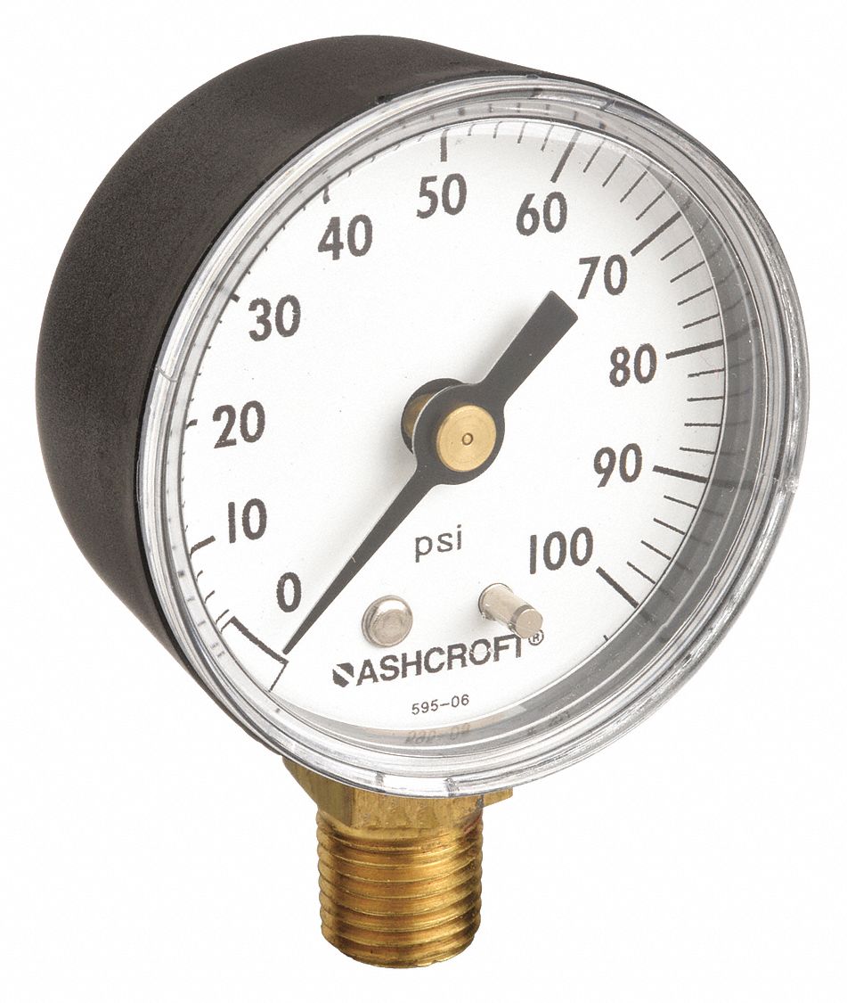Industrial Pressure Gauge: 0 psi / Hg to 100 psi, 2 in Dial, 1/4 in NPT Male, Bottom, 1005P