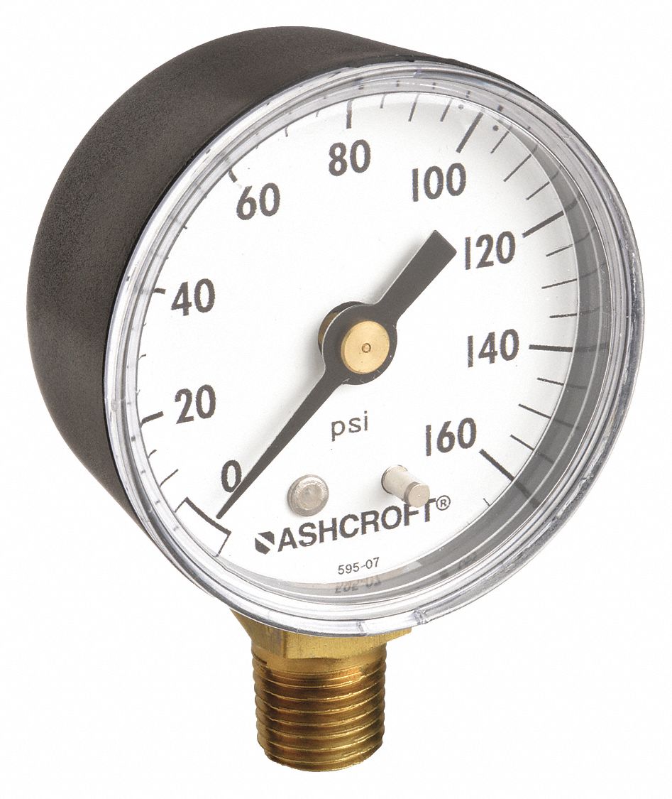 Industrial Pressure Gauge: 0 psi / Hg to 160 psi, 2 in Dial, 1/4 in NPT Male, Bottom, 1005P