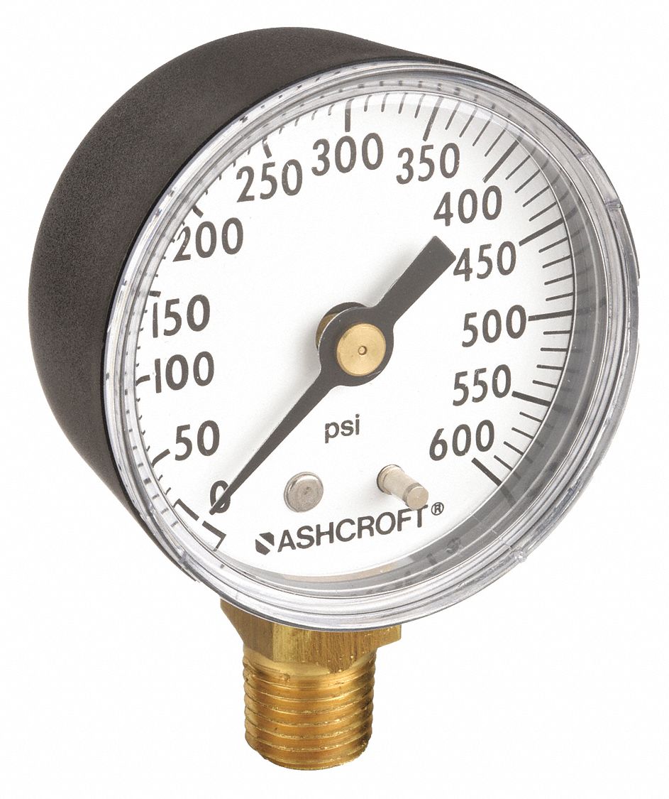Industrial Pressure Gauge: 0 psi / Hg to 600 psi, 2 in Dial, 1/4 in NPT Male, Bottom, 1005P