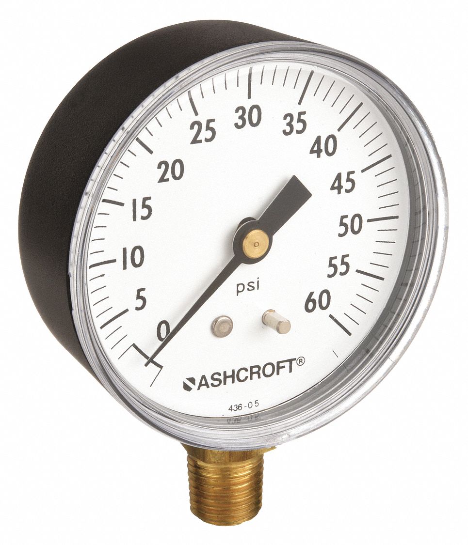 PRESSURE GAUGE, BOTTOM MOUNT, GLYCERIN-FILLED, 0-60 PSI, 1/4 IN, 2 1/2 IN, SS/COPPER