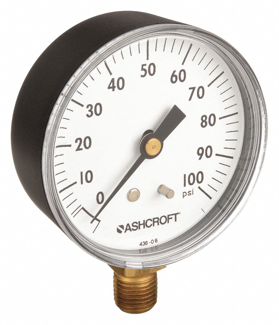Industrial Pressure Gauge: 0 psi / Hg to 100 psi, 2 1/2 in Dial, 1/4 in NPT Male, Bottom