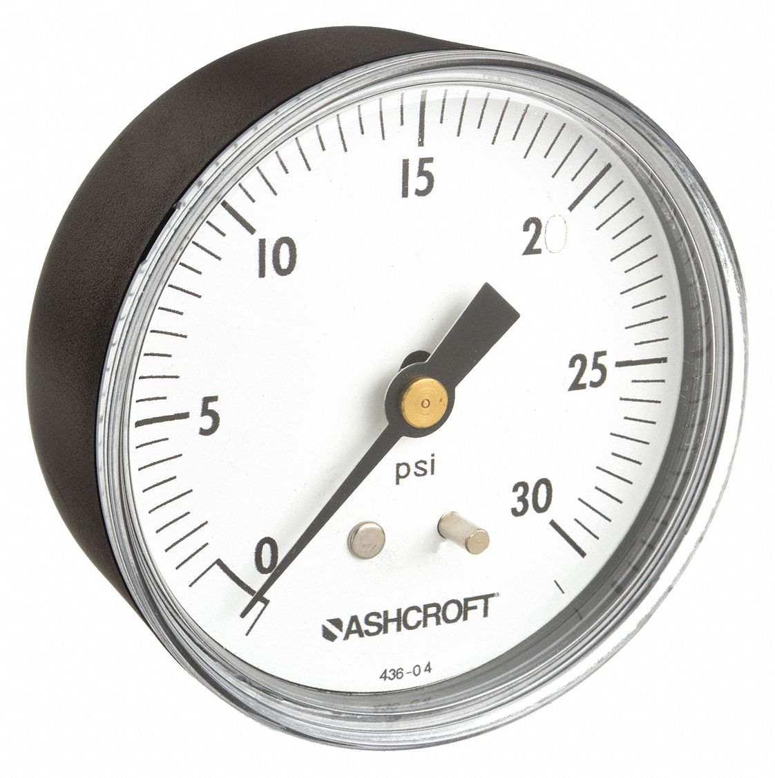 Industrial Pressure Gauge: 0 psi / Hg to 30 psi, 2 1/2 in Dial, 1/4 in NPT Male, Plastic