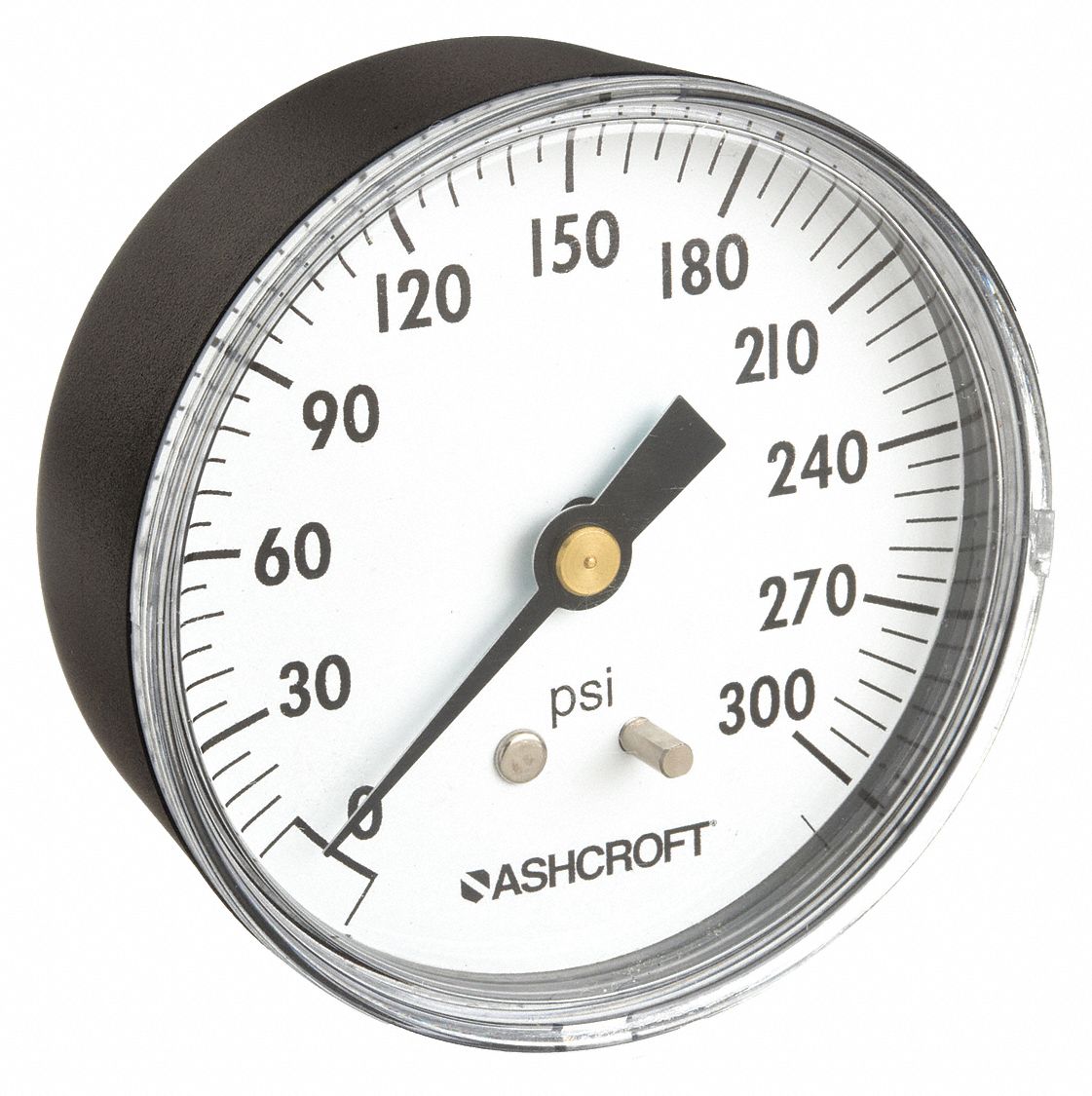Industrial Pressure Gauge: 0 psi / Hg to 300 psi, 2 1/2 in Dial, 1/4 in NPT Male, Plastic