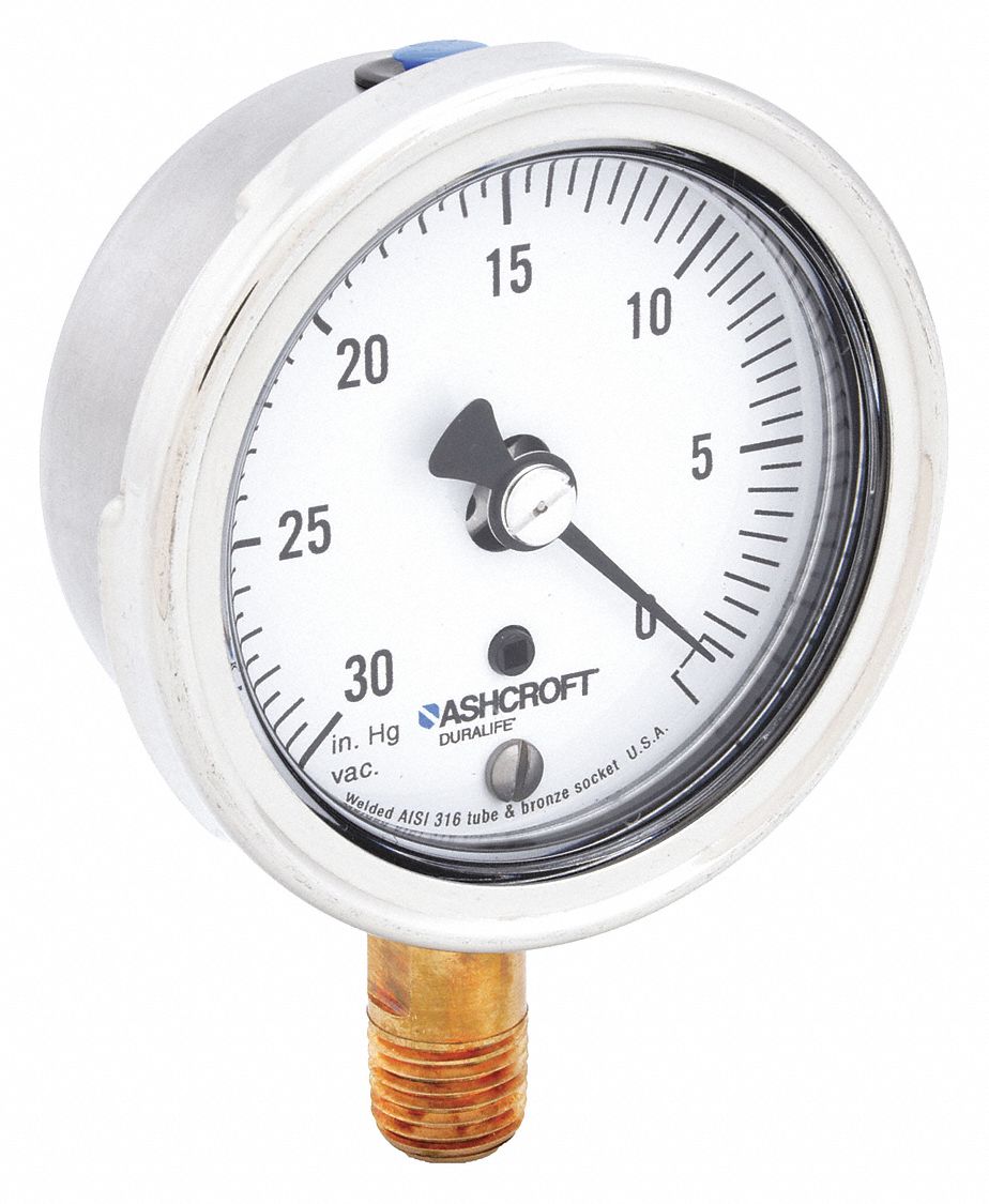 Industrial Vacuum Gauge: 0 in Hg, 2 1/2 in Dial, 1/4 in NPT Male, Bottom, ±1.0% Accuracy