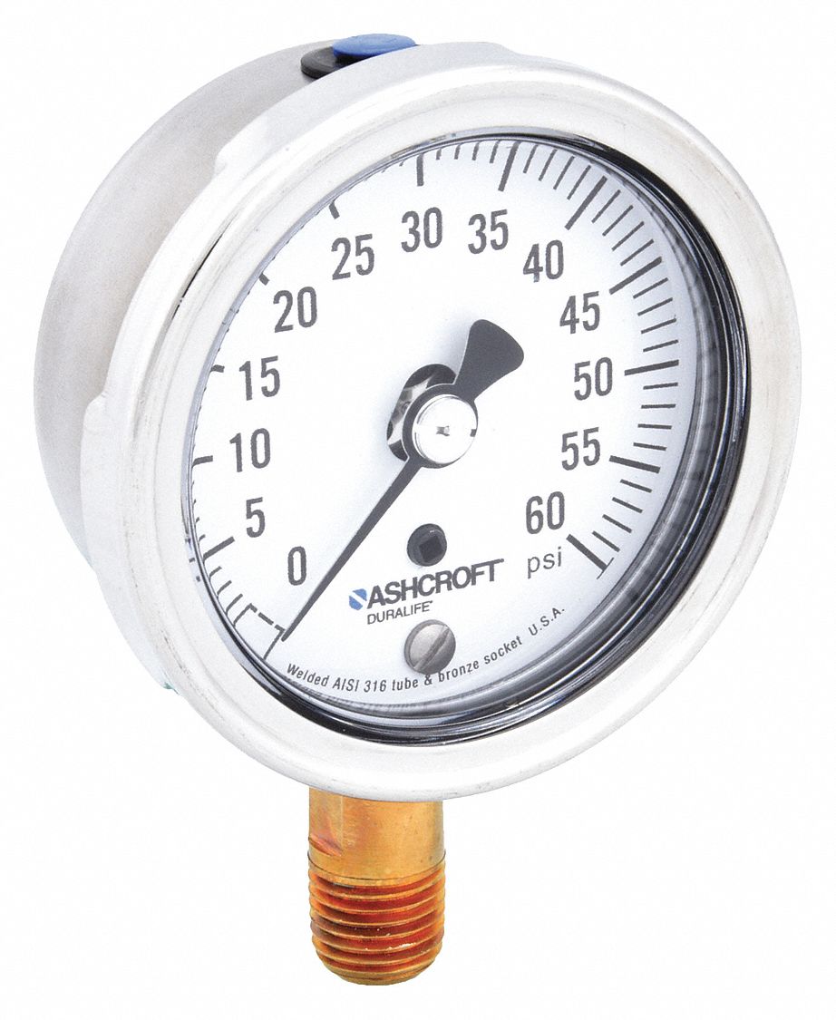 Industrial Pressure Gauge: 0 psi / Hg to 60 psi, 2 1/2 in Dial, 1/4 in NPT Male, Bottom, 4X