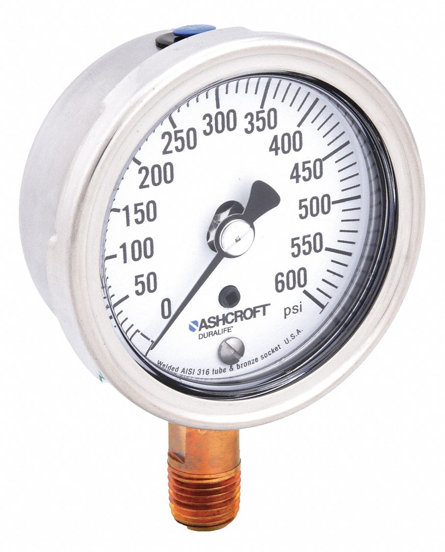 Industrial Pressure Gauge: 0 psi / Hg to 600 psi, 2 1/2 in Dial, 1/4 in NPT Male, Bottom