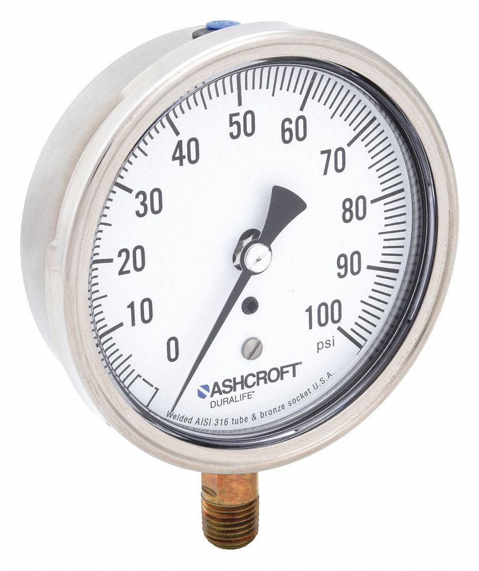 Industrial Pressure Gauge: 0 psi / Hg to 100 psi, 3 1/2 in Dial, 1/4 in NPT Male, Bottom
