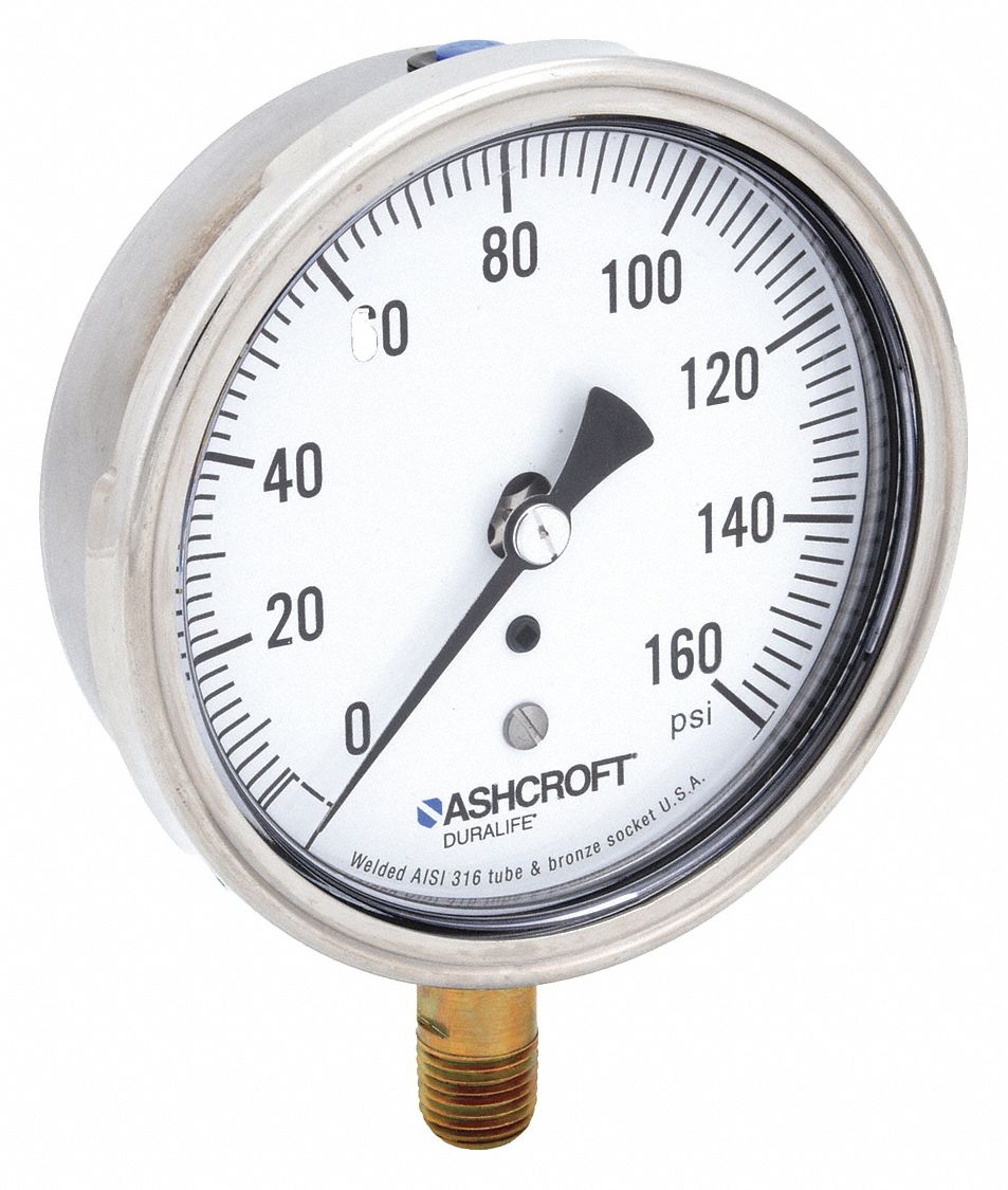 Industrial Pressure Gauge: 0 psi / Hg to 160 psi, 3 1/2 in Dial, 1/4 in NPT Male, Bottom