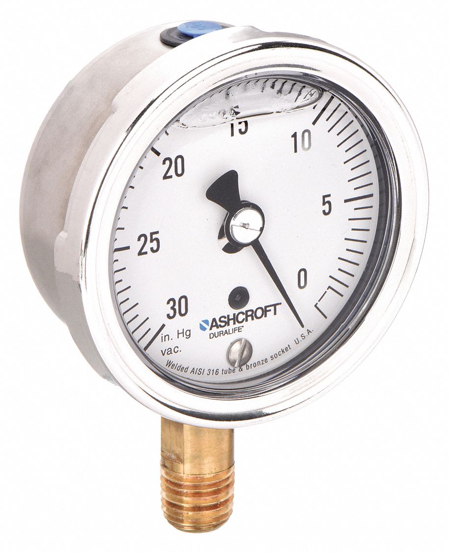 Industrial Vacuum Gauge: 0 in Hg, 2 1/2 in Dial, 1/4 in NPT Male, Bottom, ±1.5% Accuracy