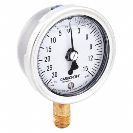 ASHCROFT, 30 to 0 to 15 in Hg/psi, 2 1/2 in Dial, Industrial Compound