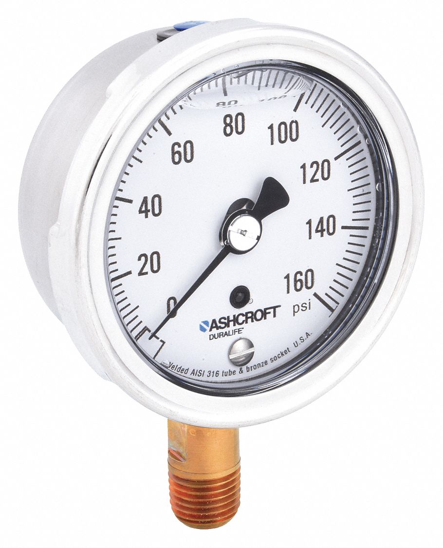 Industrial Pressure Gauge: 0 psi / Hg to 160 psi, 2 1/2 in Dial, 1/4 in NPT Male, Bottom