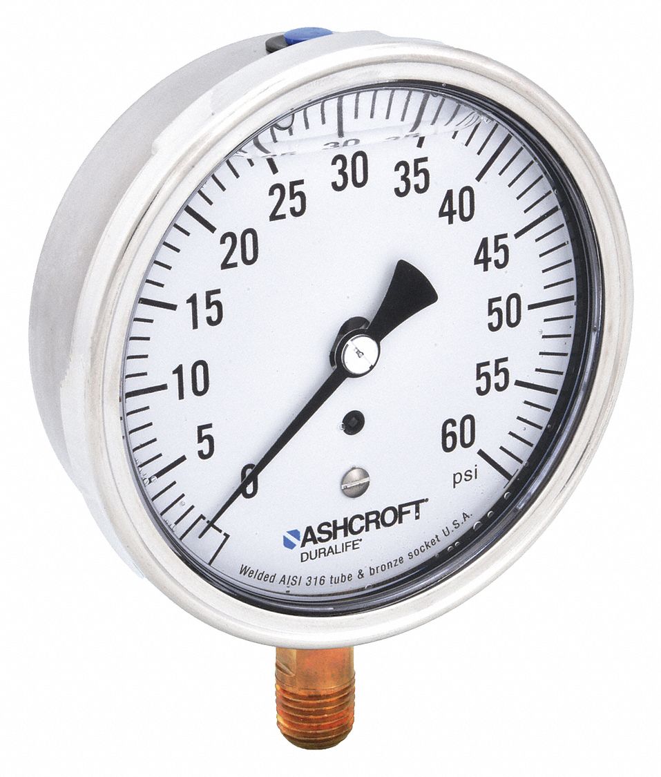 Industrial Pressure Gauge: 0 psi / Hg to 60 psi, 3 1/2 in Dial, 1/4 in NPT Male, Bottom