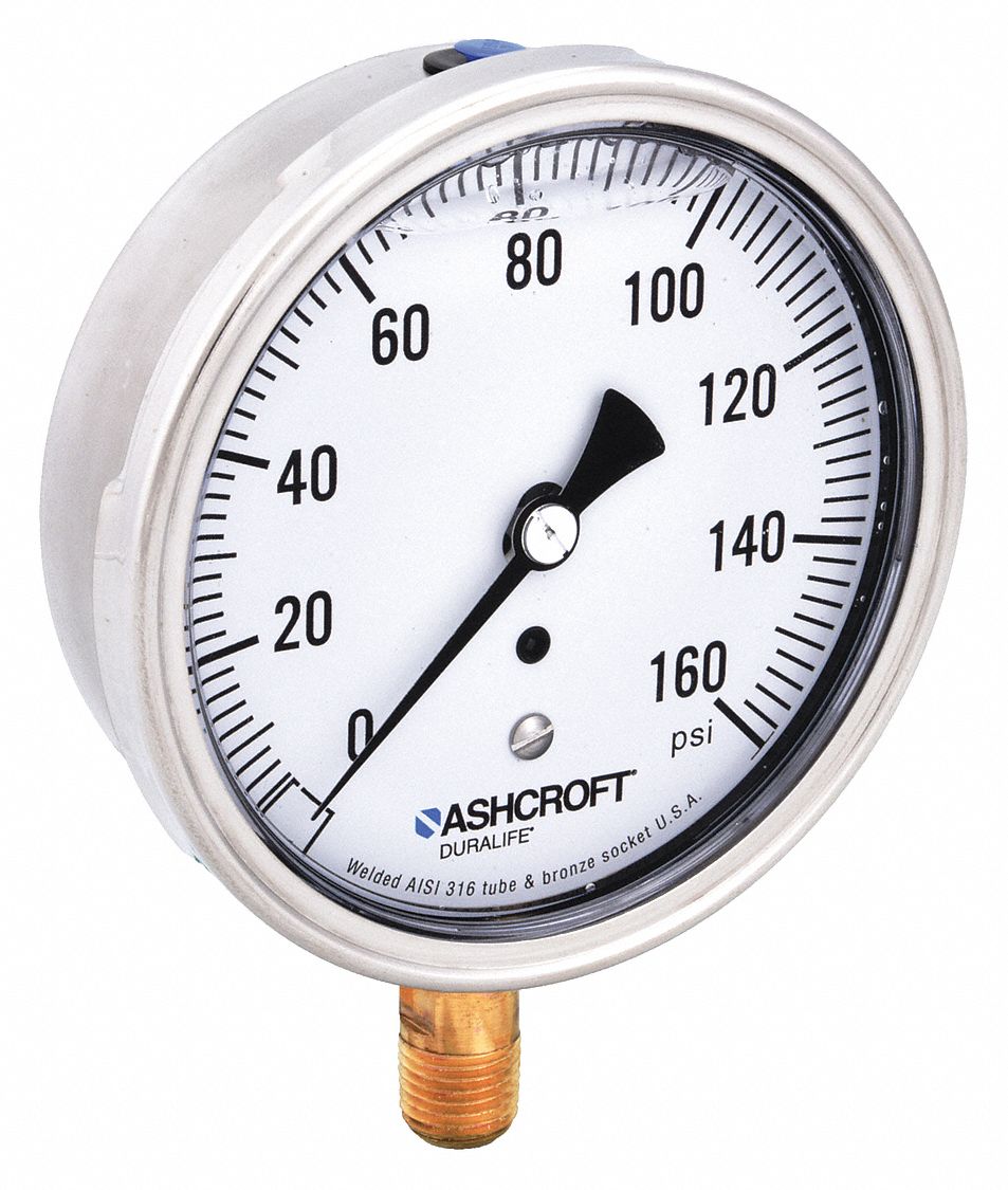 Industrial Pressure Gauge: 0 psi / Hg to 160 psi, 3 1/2 in Dial, 1/4 in NPT Male, Bottom