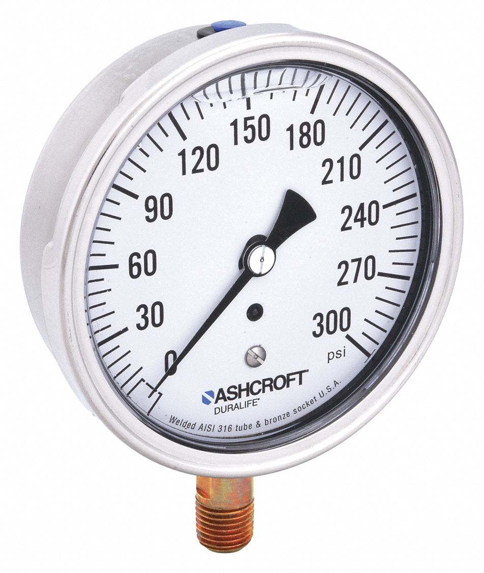 Industrial Pressure Gauge: 0 psi / Hg to 300 psi, 3 1/2 in Dial, 1/4 in NPT Male, Bottom