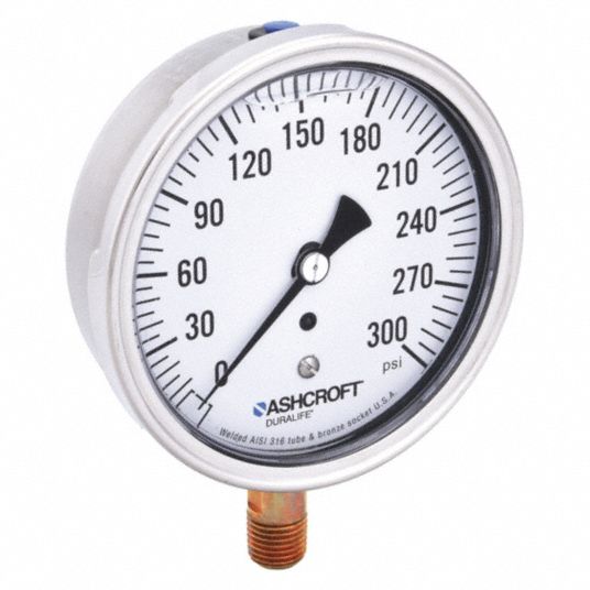 ASHCROFT Industrial Pressure Gauge: Corrosion-Resistant Case, 0 to 300 psi,  3 1/2 in Dial, Bottom