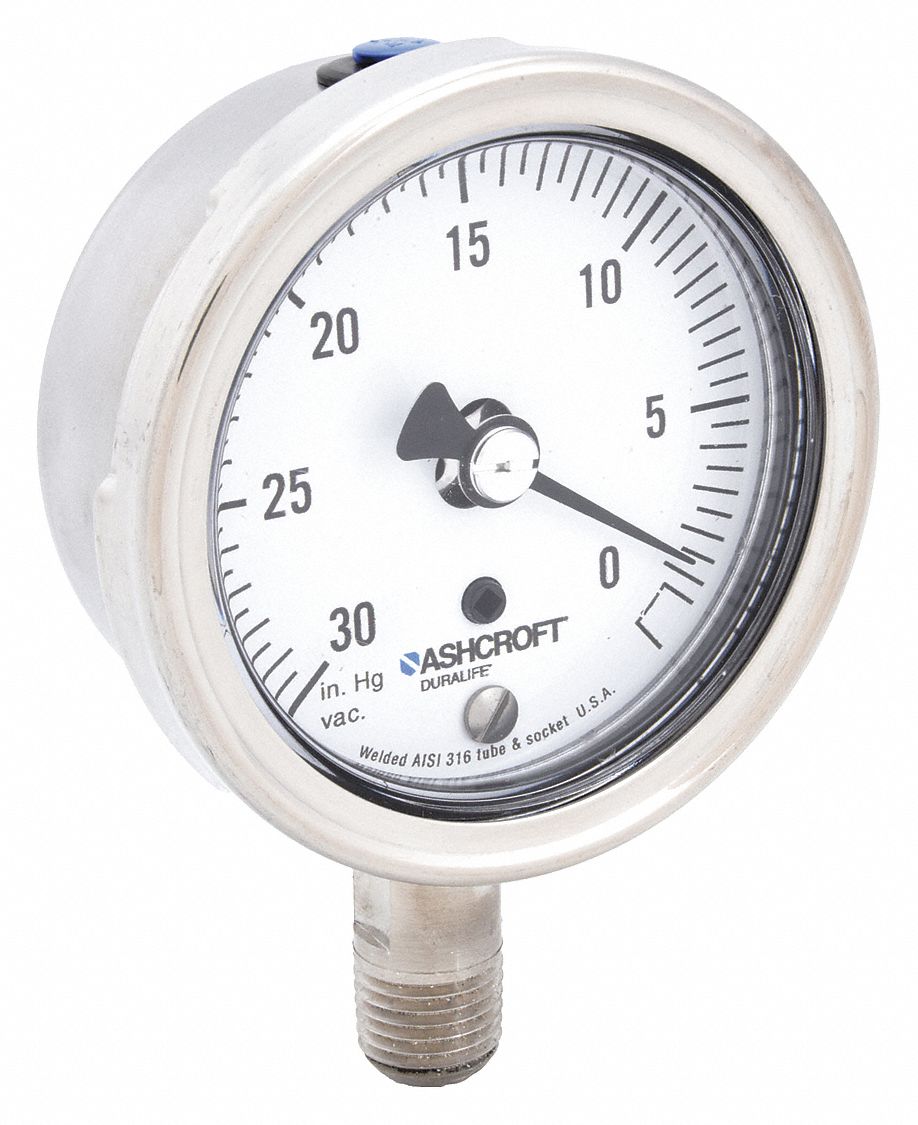 Industrial Vacuum Gauge: 0 in Hg, 2 1/2 in Dial, 1/4 in NPT Male, Bottom, ±1.0% Accuracy