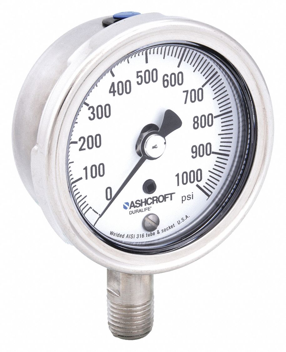 Industrial Pressure Gauge: 0 psi / Hg to 1, 000 psi, 2 1/2 in Dial, 1/4 in NPT Male, Bottom