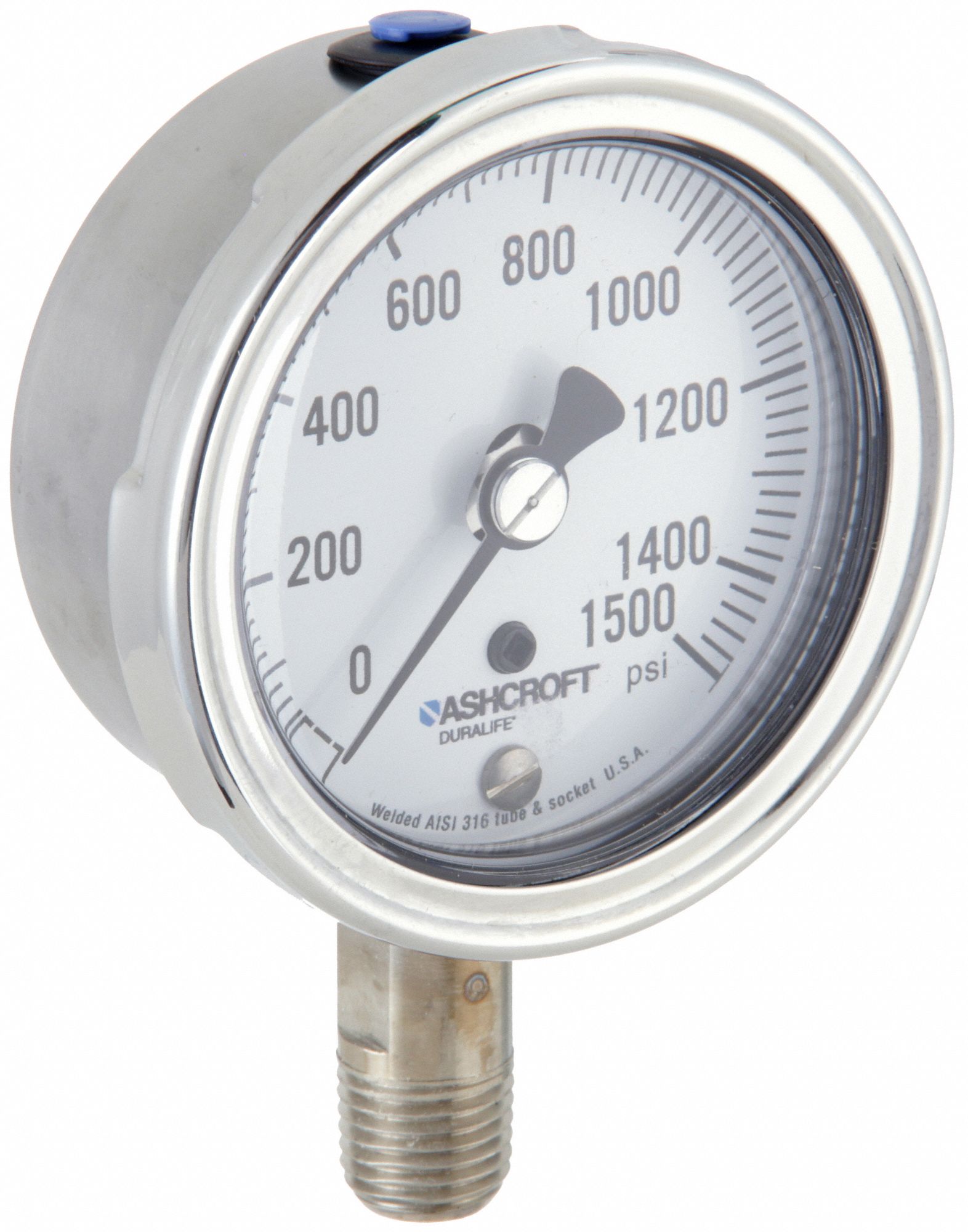 PRESSURE GAUGE, BACK MOUNT, GLYCERIN-FILLED, 0-1500 PSI, 1/4 IN, 2 1/2 IN, SS/COPPER