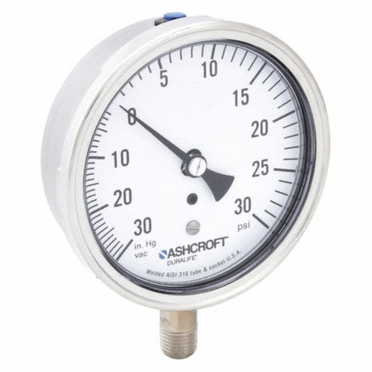 ASHCROFT, 30 to 0 to 30 in Hg/psi, 3 1/2 in Dial, Industrial Compound ...