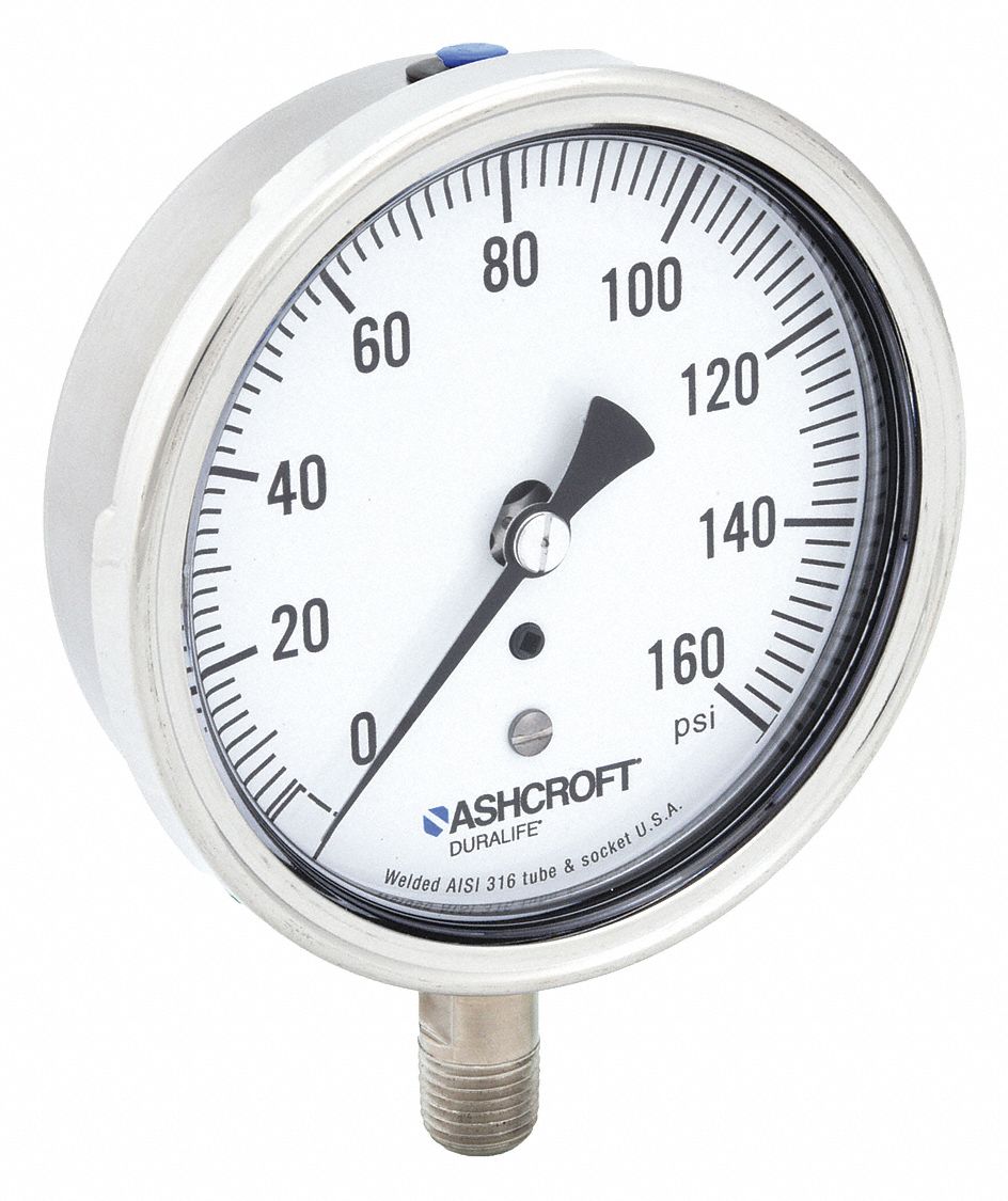 ASHCROFT Industrial Pressure Gauge: 0 to 160 psi, 3 1/2 in Dial, 1/4 in NPT  Male, Bottom, 1009