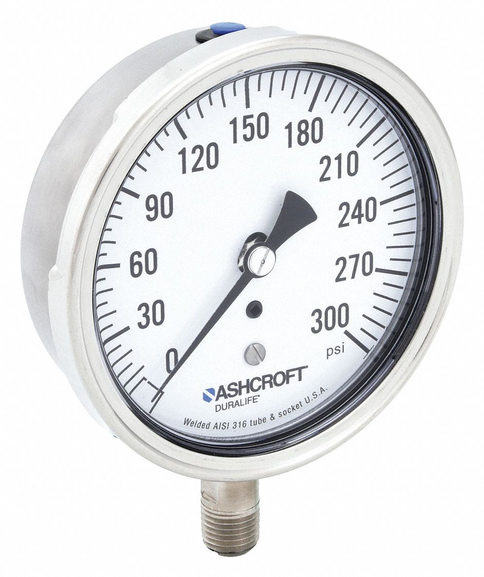 Industrial Pressure Gauge: 0 psi / Hg to 300 psi, 3 1/2 in Dial, 1/4 in NPT Male, Bottom